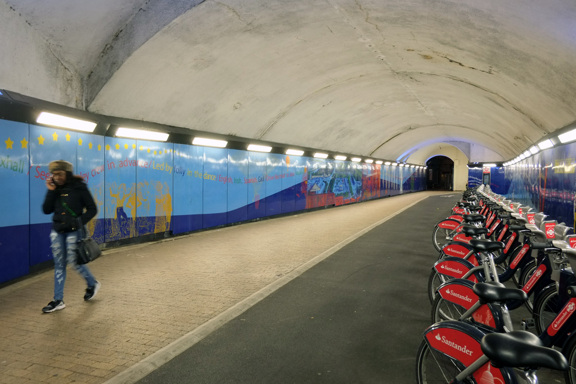 Tunnels with red bikes ten years after completion.